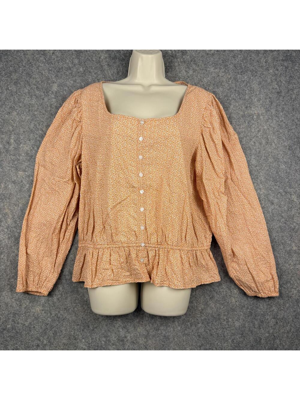 Peasant Blouse Puff Sleeves Elastic Waist Orange Floral XL Cottage Prairie Boho